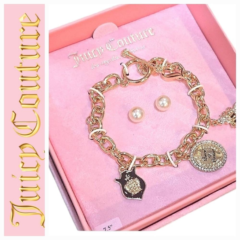 Juicy Couture Bumblebee & Logo Pendant Charm Link Bracelet & Earring Set